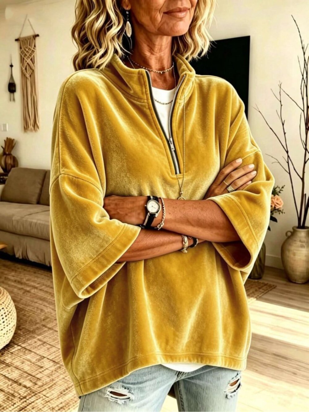 Yellow Sexy Casual Loose Fit Women's Velvet Mock Neck Half Zip Pullover Top